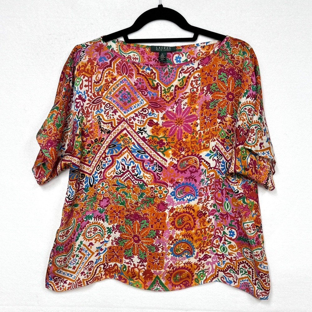 Lauren Ralph Lauren Colorful Silk Blouse, Size XL, Short Sleeve‎ Boxy Flowy Boho